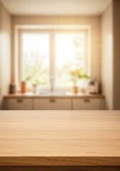 Modern kitchen empty wooden table window mockup sink in a hotel interior design