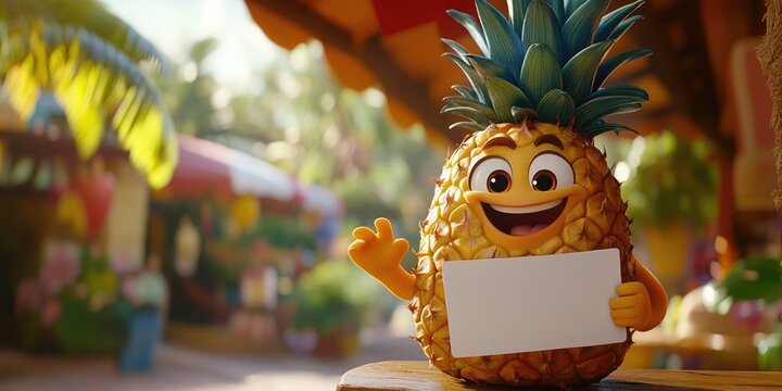 Cute 3D rendered pineapple character with a happy face holding a blank white sign in a sunny, tropical market setting. Great for sites/blogs on summer, travel, food, fruit, tropical themes