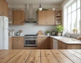 Fototapeta premium Modern kitchen empty wooden table window mockup sink in a hotel interior design