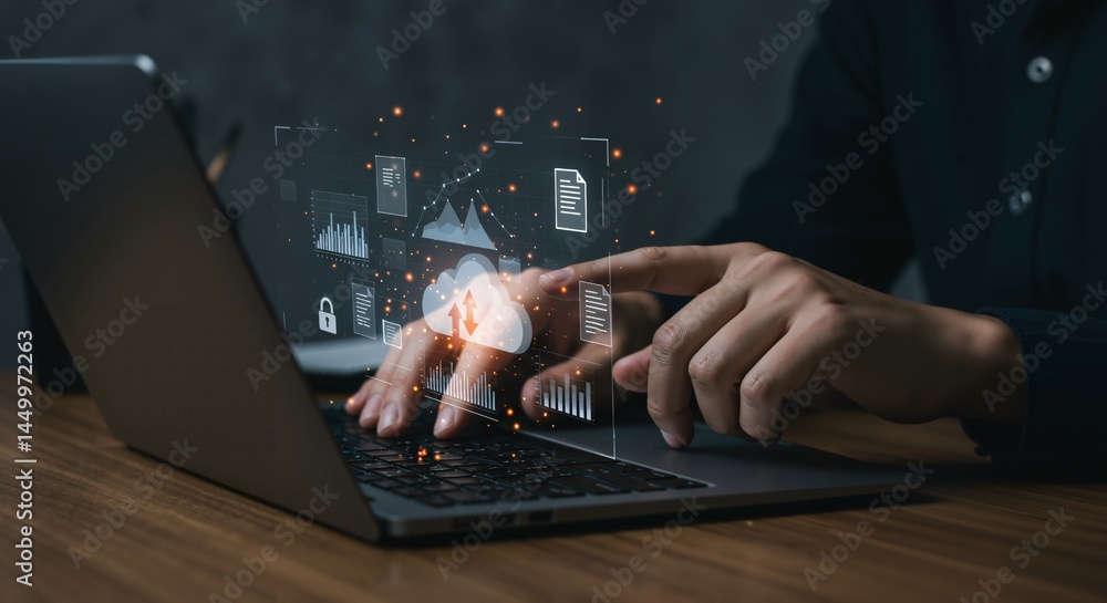Poster a person engaged in data analysis on a laptop, illustrating the fusion of technology and analytical 