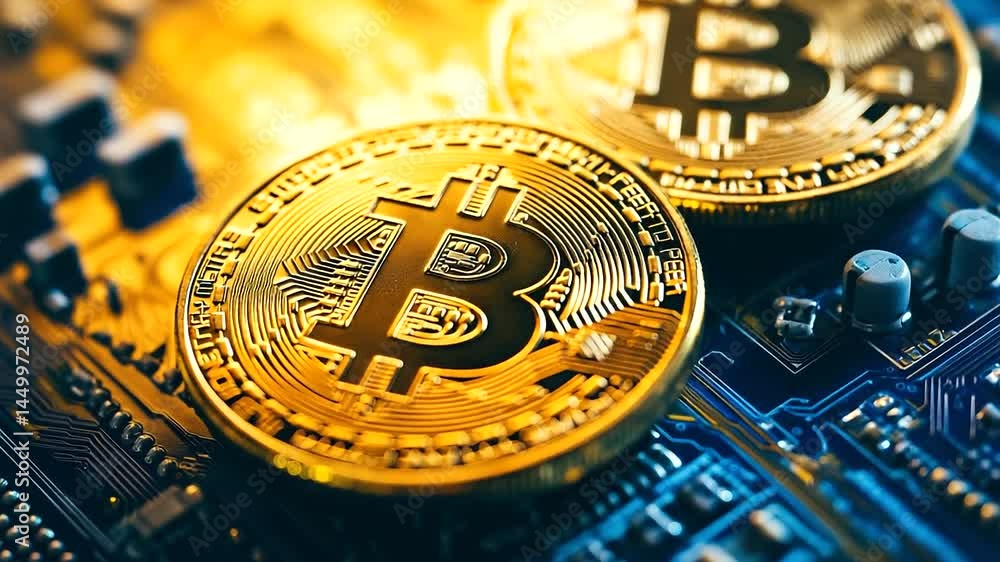 Aufkleber a close-up of golden coins with intricate blockchain engravings, resting on a circuit board, symboli