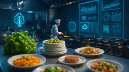Chef Preparing Healthy Dishes in Futuristic Smart Kitchen with Holographic Nutrition Data and Digital Cooking Dashboard

 - Powered by Adobe