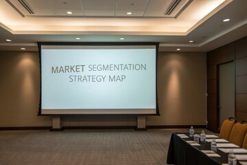 Strategy guides trade agreements in international markets concept. Conference room displaying a market segmentation strategy map on a projector screen.