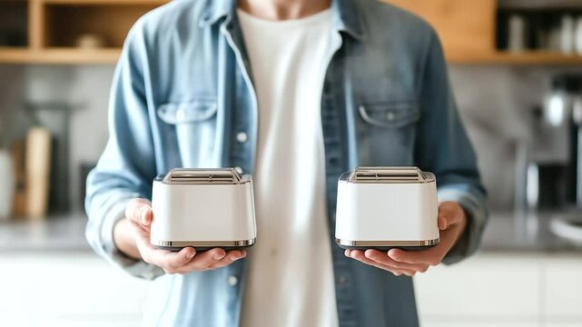A close-up shot of a person holding two different brands of toasters, carefully analyzing packaging and features before making a purchase.