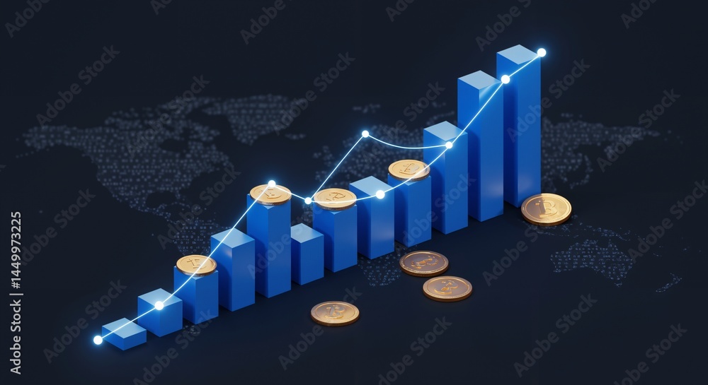 Poster growth in finance: a stunning graph depicting increasing value with coins representing wealth on a d