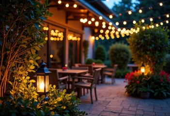 Cozy outdoor patio illuminated by string lights and lanterns at dusk