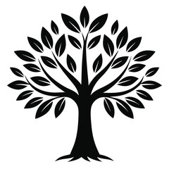 Obraz premium Black and white silhouette, stylized tree illustration, symmetrical design, simplified leaf shapes, rounded canopy, thick trunk, nature symbol, minimalist artwork, graphic vector style