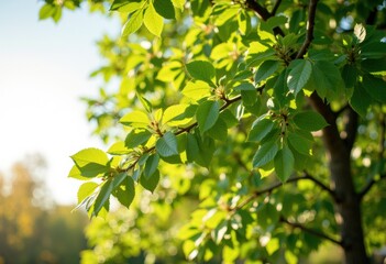 Obraz premium Lush green leaves glistening in the sunlight on a vibrant tree