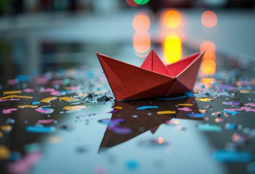 A vibrant red paper boat floats on a puddle surrounded by colorful confetti