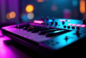 Close-up of a keyboard synthesizer with vibrant lighting effects