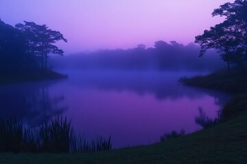 Misty lake twilight with purple to blue sky gradient glowing reflections tranquil mood soft focus edges natural light realism