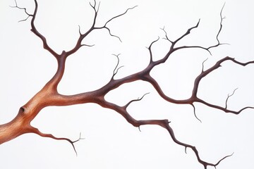 Fototapeta premium Detailed close up of a brown tree branch against a white background. The branch is gnarled and textured, showing intricate details of its bark and the network of smaller branches extending from it. 