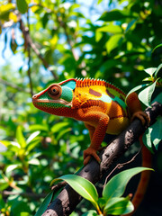 Fototapeta premium A Vibrant Display of Nature: Panther Chameleon in Lush, Sunlit Madagascar Habitat