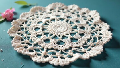 Intricate floral lace doily, delicate crocheted texture, filigree, shadow