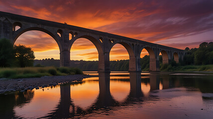 Majestic Stone Viaduct Reflecting in Calm River


