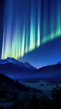 Aerial view of vibrant Northern Lights over mountains and valley at night