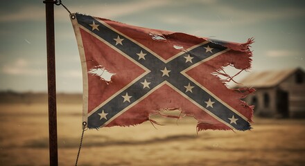 Tattered confederate flag waving in the wind against a desolate landscape evoking themes of history, division, and the past.