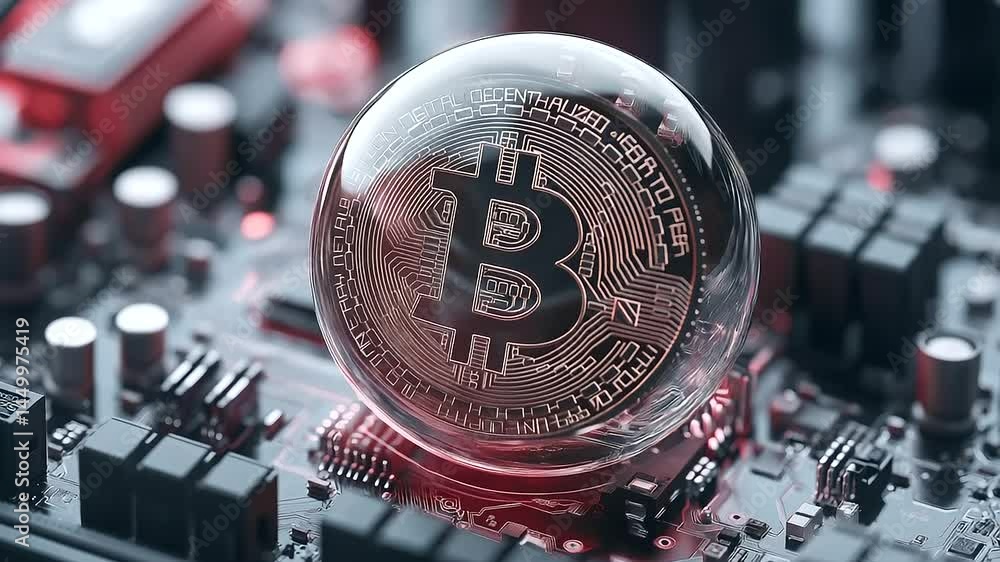 Poster a futuristic bitcoin coin encased in a transparent digital sphere, resting on a cybernetic motherboa