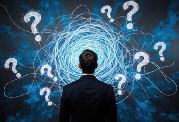 Obraz premium A businessman contemplating uncertainty with swirling question marks in the background