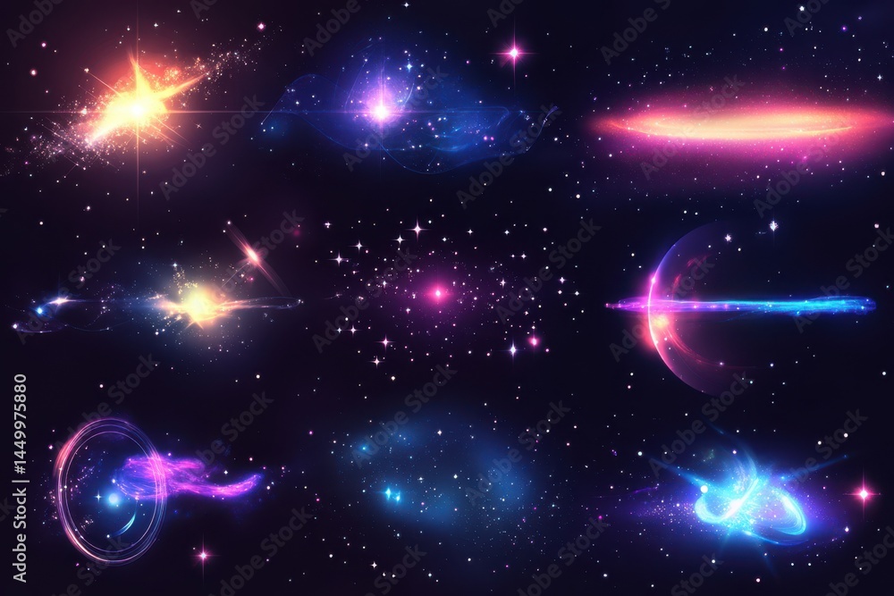 Poster abstract glowing light effects with stars against a dark background. bright, shimmering, and etherea