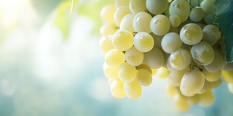 Bunch of fresh grapes with leaves on light background c copy space for cooking blogs, wine sites and healthy eating guides.