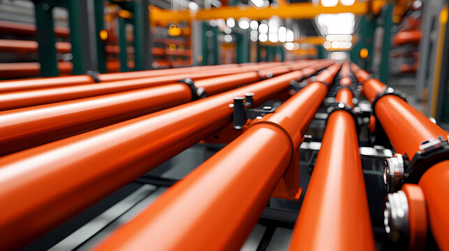Bright orange industrial pipes run parallel through a modern factory, showcasing precise engineering and organized infrastructure.
