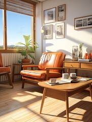 Fototapeta premium A bright living room with orange leather chairs and a wooden coffee table in natural sunlight