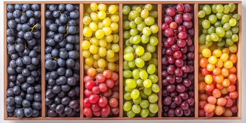 A wooden box divided into sections, each filled with different colored grapes. Suitable for food blogs, healthy eating websites, or educational content about fruit.