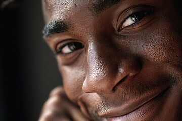 An attractive african-american man smiling genuinely in a close up shot, showing expression.