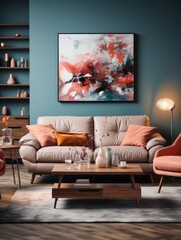 A living room with a beige sofa, a coffee table, and an abstract painting on a teal wall space
