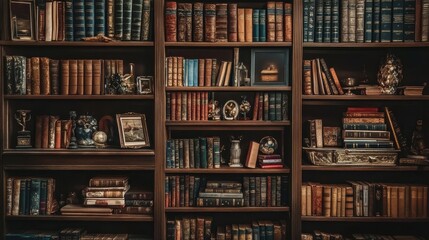 vintage book collection in dark wooden bookshelf