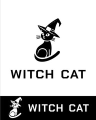 A whimsical and minimalist logo design of a black cat wearing a witch hat, representing magic, halloween, mystery, and feline charm