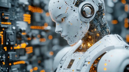 Fototapeta premium Advanced humanoid robot, sophisticated design, artificial intelligence, technological marvel, future of robotics, intricate circuitry, glowing components, digital technology