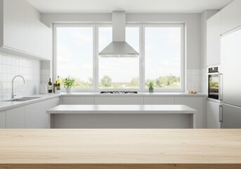 Fototapeta premium Modern kitchen empty wooden table window mockup sink in a hotel interior design