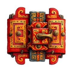 Fototapeta premium Ornate Watercolor Painting of an Ancient Clasp or Latch. A detailed illustration of a richly decorated fastening device, possibly from an antique chest or box.