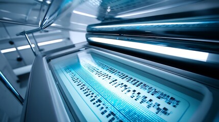 High tech visual showing an electrophoresis gel under UV light with DNA bands separated and ready for analysis The background is white creating a clean sterile environment Clean design no text