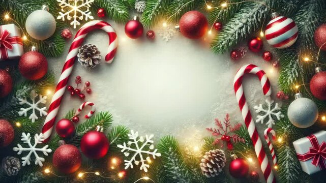 Festive Christmas Border: A vibrant array of festive decorations, including baubles, candy canes, and snowflakes, forms an inviting border around a central space.