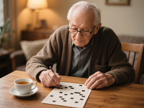Elderly man with glasses solving crossword puzzle at wooden table, cup of tea, calm indoor scene, warm lighting, brain training for dementia prevention, focus on hands and expression