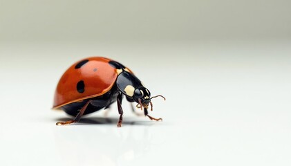 Fototapeta premium Close-up of a single ladybug on white background, close-up, wildlife