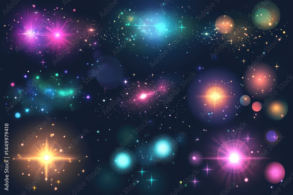 Poster an abstract image of glowing light effects resembling stars in various colors and shapes on a dark b