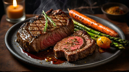 "Ultra-Realistic Gourmet Ribeye Steak with Roasted Vegetables on Rustic Oak Platter"