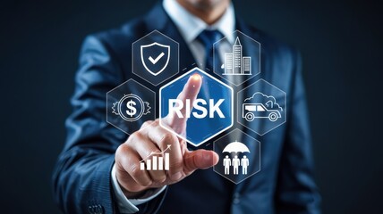 Businessperson interacting with digital risk assessment icons.