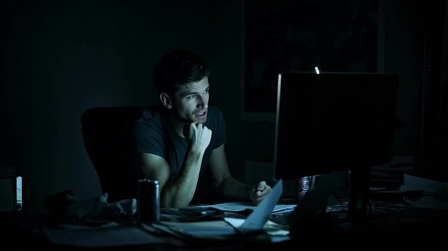 The man sat in front of the computer late at night, focused on his work under the dim light.