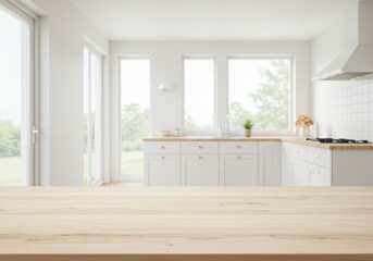 Fototapeta premium Modern kitchen empty wooden table window mockup sink in a hotel interior design