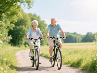 Obraz premium Active elderly couple cycling in rural landscape under clear summer sky, realistic photo highlighting joyful lifestyle, physical fitness and cognitive support in older age