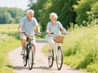 Happy senior couple riding bicycles through green countryside on sunny summer day, promoting brain health and dementia prevention through active lifestyle and nature connection