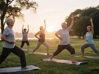 Group of diverse mature adults practicing yoga at sunrise in peaceful outdoor setting, promoting brain health, dementia prevention, and holistic wellness in natural light