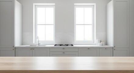 Fototapeta premium Modern kitchen empty wooden table window mockup sink in a hotel interior design