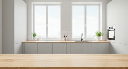 Fototapeta premium Modern kitchen empty wooden table window mockup sink in a hotel interior design