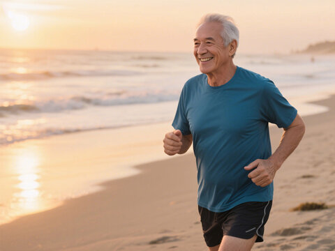 Smiling mature man jogging by the ocean at sunset, showing benefits of regular exercise for senior brain health and dementia prevention, peaceful scene in natural warm lighting
